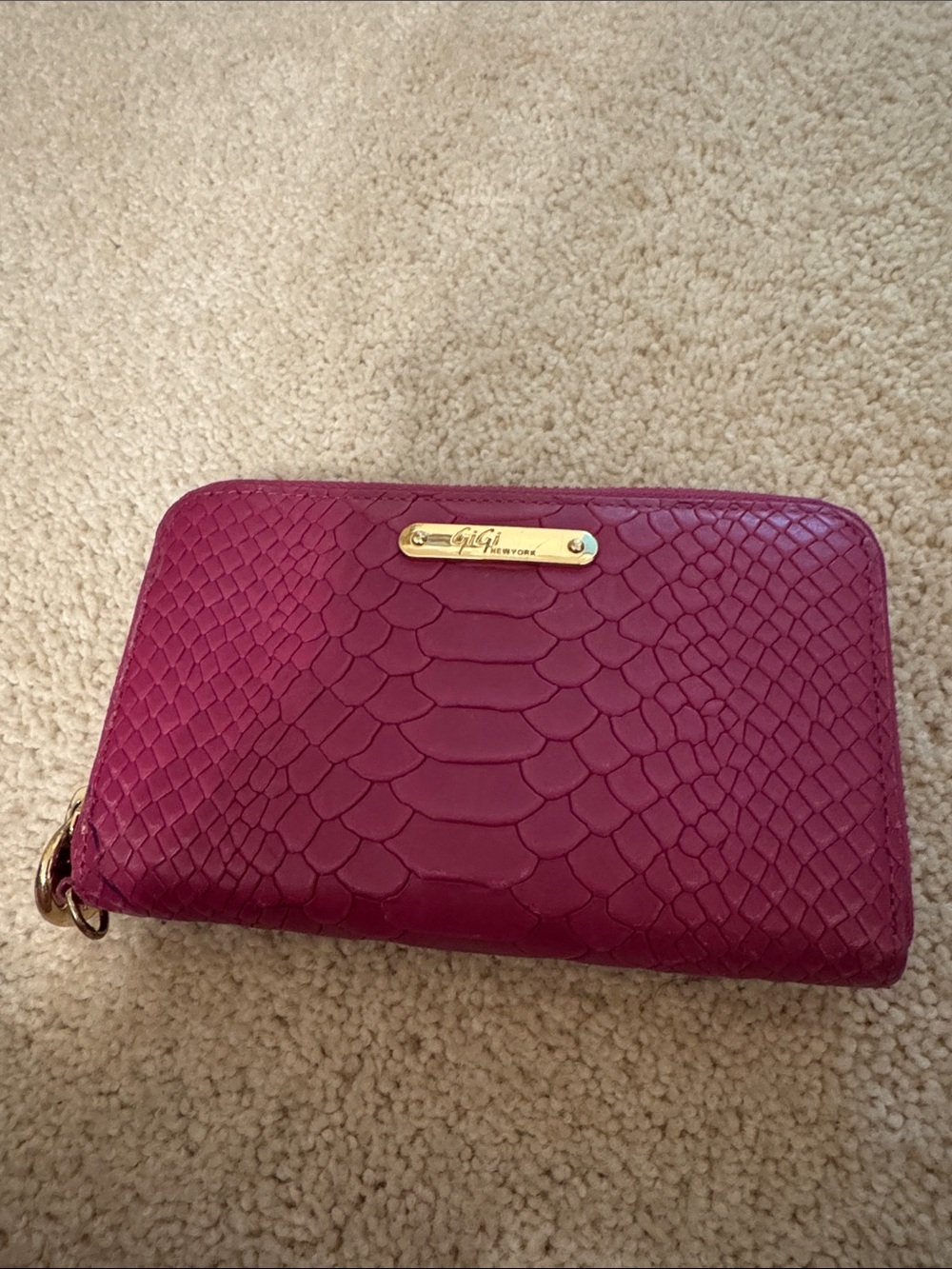 GiGi New York Raspberry Python-Embossed Zip Wallet with Gold Plate